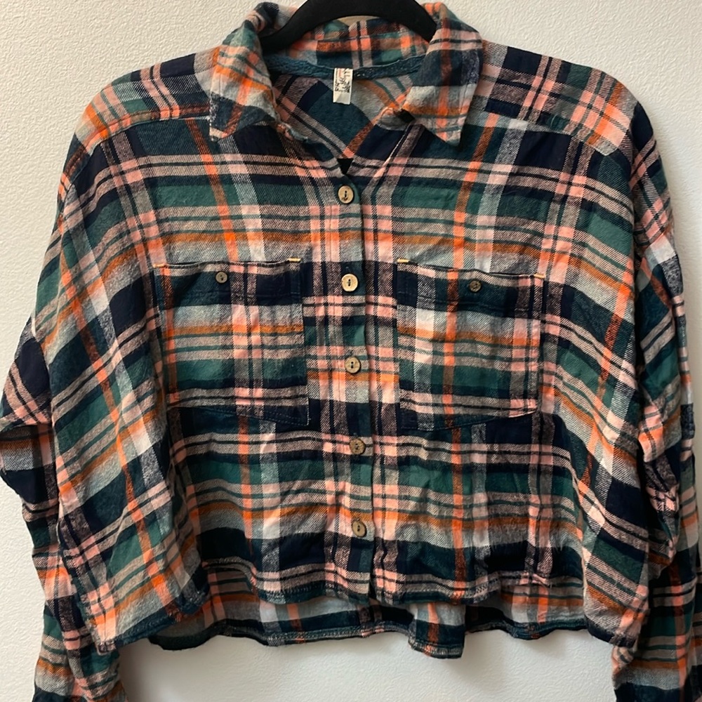 Free People Cropped Plaid Button-Down in Navy, Green, Peach